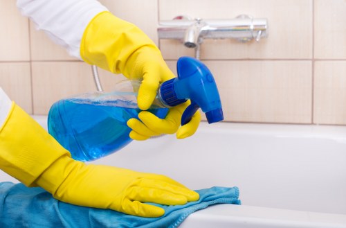 Safety-focused cleaning products and equipment arranged for proper use
